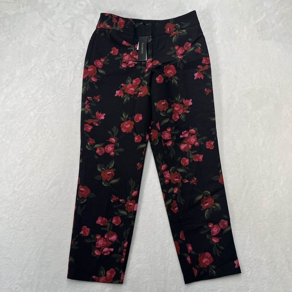 Talbots Heritage Floral Pants Womens Petite 2 Cotton Silk Professional Work NEW